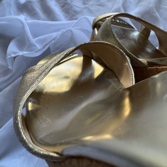 Jimmy Choo Gold Patent Leather Prima Cork Wedge Platform Sandals - Picture 5 of 7